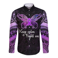 Pancreatic Cancer Awareness Long Sleeve Button Shirt Keep Calm And Fight On Polynesian Pattern LT05 Unisex Purple - Polynesian Pride