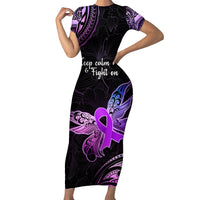 Pancreatic Cancer Awareness Short Sleeve Bodycon Dress Keep Calm And Fight On Polynesian Pattern LT05 Long Dress Purple - Polynesian Pride