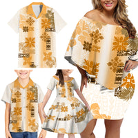 Hawaiian Quilt Family Matching Off Shoulder Short Dress and Hawaiian Shirt Vintage Pattern Brown LT05 - Polynesian Pride