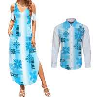 Hawaiian Quilt Couples Matching Summer Maxi Dress and Long Sleeve Button Shirt Vintage Pattern Blue LT05 Blue - Polynesian Pride