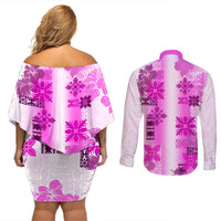 Hawaiian Quilt Couples Matching Off Shoulder Short Dress and Long Sleeve Button Shirt Vintage Pattern Pink LT05 - Polynesian Pride