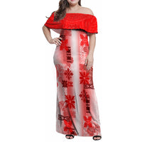 Hawaiian Quilt Family Matching Off Shoulder Maxi Dress and Hawaiian Shirt Vintage Pattern Red LT05 Mom's Dress Red - Polynesian Pride
