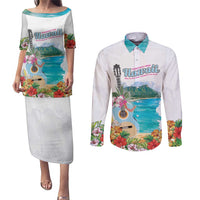 Aloha Hawaii Waikiki Beach Landscape Couples Matching Puletasi and Long Sleeve Button Shirt LT05 White - Polynesian Pride