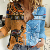 Custom Fiji Tapa And Australia Aboriginal Together Women Casual Shirt LT05 Female Blue - Polynesian Pride