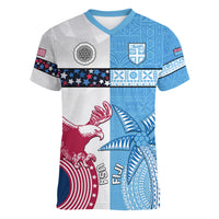 Custom Fiji And USA Palm Tree With Eagle Women V Neck T Shirt LT05 Female Blue - Polynesian Pride