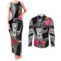 Hafa Adai Guam Couples Matching Tank Maxi Dress and Long Sleeve Button Shirt Polynesian Tattoo Tropical Flowers