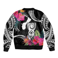 Hafa Adai Guam Sleeve Zip Bomber Jacket Polynesian Tattoo Tropical Flowers