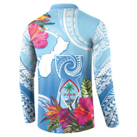 Hafa Adai Guam Button Sweatshirt Tropical Flowers Blue Gradient