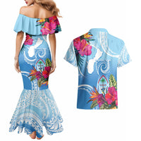 Hafa Adai Guam Couples Matching Mermaid Dress and Hawaiian Shirt Tropical Flowers Blue Gradient