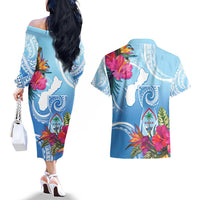 Hafa Adai Guam Couples Matching Off The Shoulder Long Sleeve Dress and Hawaiian Shirt Tropical Flowers Blue Gradient