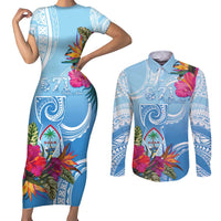 Hafa Adai Guam Couples Matching Short Sleeve Bodycon Dress and Long Sleeve Button Shirt Tropical Flowers Blue Gradient