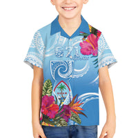 Hafa Adai Guam Family Matching Off The Shoulder Long Sleeve Dress and Hawaiian Shirt Tropical Flowers Blue Gradient