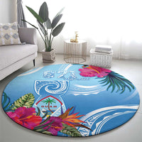 Hafa Adai Guam Round Carpet Tropical Flowers Blue Gradient