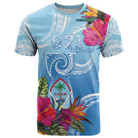 Hafa Adai Guam T Shirt Tropical Flowers Blue Gradient