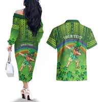 Personalised Hawaii Saint Patrick's Day Couples Matching Off The Shoulder Long Sleeve Dress and Hawaiian Shirt Let's Get Fit Shaced LT05 - Polynesian Pride
