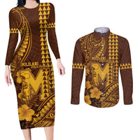 Personalised Hawaii Mililani High School Couples Matching Long Sleeve Bodycon Dress and Long Sleeve Button Shirt Tribal Tattoo With Hibiscus Flowers