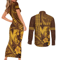 Personalised Hawaii Mililani High School Couples Matching Short Sleeve Bodycon Dress and Long Sleeve Button Shirt Tribal Tattoo With Hibiscus Flowers