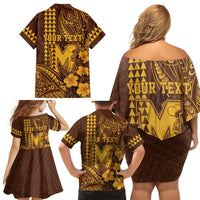 Personalised Hawaii Mililani High School Family Matching Off Shoulder Short Dress and Hawaiian Shirt Tribal Tattoo With Hibiscus Flowers
