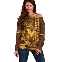 Personalised Hawaii Mililani High School Off Shoulder Sweater Tribal Tattoo With Hibiscus Flowers LT05 Women Brown - Polynesian Pride
