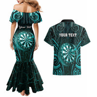 Personalised New Zealand Darts Couples Matching Mermaid Dress and Hawaiian Shirt Turquoise Dart Board Maori Pattern LT05 - Polynesian Pride