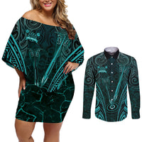 Personalised New Zealand Darts Couples Matching Off Shoulder Short Dress and Long Sleeve Button Shirt Turquoise Dart Board Maori Pattern LT05 Turquoise - Polynesian Pride