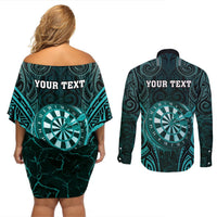 Personalised New Zealand Darts Couples Matching Off Shoulder Short Dress and Long Sleeve Button Shirt Turquoise Dart Board Maori Pattern LT05 - Polynesian Pride