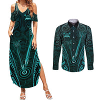 Personalised New Zealand Darts Couples Matching Summer Maxi Dress and Long Sleeve Button Shirt Turquoise Dart Board Maori Pattern LT05 Turquoise - Polynesian Pride