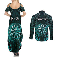 Personalised New Zealand Darts Couples Matching Summer Maxi Dress and Long Sleeve Button Shirt Turquoise Dart Board Maori Pattern LT05 - Polynesian Pride