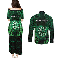Personalised New Zealand Darts Couples Matching Puletasi and Long Sleeve Button Shirt Green Dart Board Maori Pattern LT05 - Polynesian Pride