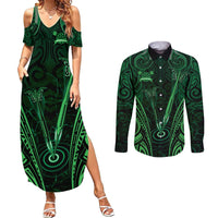 Personalised New Zealand Darts Couples Matching Summer Maxi Dress and Long Sleeve Button Shirt Green Dart Board Maori Pattern LT05 Green - Polynesian Pride