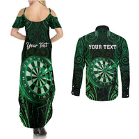Personalised New Zealand Darts Couples Matching Summer Maxi Dress and Long Sleeve Button Shirt Green Dart Board Maori Pattern LT05 - Polynesian Pride
