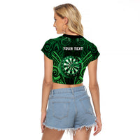 Personalised New Zealand Darts Raglan Cropped T Shirt Green Dart Board Maori Pattern