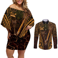 Personalised New Zealand Darts Couples Matching Off Shoulder Short Dress and Long Sleeve Button Shirt Gold Dart Board Maori Pattern LT05 Gold - Polynesian Pride