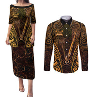 Personalised New Zealand Darts Couples Matching Puletasi and Long Sleeve Button Shirt Gold Dart Board Maori Pattern LT05 Gold - Polynesian Pride