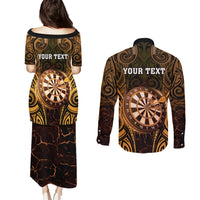 Personalised New Zealand Darts Couples Matching Puletasi and Long Sleeve Button Shirt Gold Dart Board Maori Pattern LT05 - Polynesian Pride
