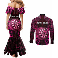 Personalised New Zealand Darts Couples Matching Mermaid Dress and Long Sleeve Button Shirt Pink Dart Board Maori Pattern LT05 - Polynesian Pride