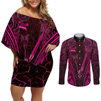 Personalised New Zealand Darts Couples Matching Off Shoulder Short Dress and Long Sleeve Button Shirt Pink Dart Board Maori Pattern LT05 Pink - Polynesian Pride
