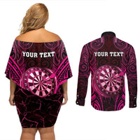 Personalised New Zealand Darts Couples Matching Off Shoulder Short Dress and Long Sleeve Button Shirt Pink Dart Board Maori Pattern LT05 - Polynesian Pride