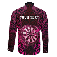 Personalised New Zealand Darts Family Matching Off The Shoulder Long Sleeve Dress and Hawaiian Shirt Pink Dart Board Maori Pattern
