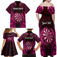 Personalised New Zealand Darts Family Matching Off Shoulder Maxi Dress and Hawaiian Shirt Pink Dart Board Maori Pattern