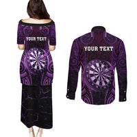 Personalised New Zealand Darts Couples Matching Puletasi and Long Sleeve Button Shirt Purple Dart Board Maori Pattern LT05 - Polynesian Pride