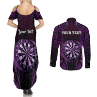 Personalised New Zealand Darts Couples Matching Summer Maxi Dress and Long Sleeve Button Shirt Purple Dart Board Maori Pattern LT05 - Polynesian Pride