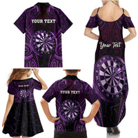 Personalised New Zealand Darts Family Matching Summer Maxi Dress and Hawaiian Shirt Purple Dart Board Maori Pattern