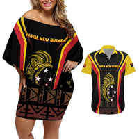 Custom Papua New Guinea Cricket Couples Matching Off Shoulder Short Dress and Hawaiian Shirt 2024 World Cup LT05 Black - Polynesian Pride