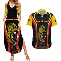 Custom Papua New Guinea Cricket Couples Matching Summer Maxi Dress and Hawaiian Shirt 2024 World Cup LT05 Black - Polynesian Pride