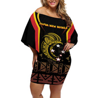 Custom Papua New Guinea Cricket Off Shoulder Short Dress 2024 World Cup LT05 Women Black - Polynesian Pride