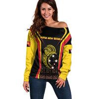 Custom Papua New Guinea Cricket Off Shoulder Sweater 2024 World Cup LT05 Women Black - Polynesian Pride