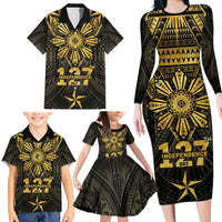 Personalised Philippines Independence Day Family Matching Long Sleeve Bodycon Dress and Hawaiian Shirt Filipinos Sun Star Tribal