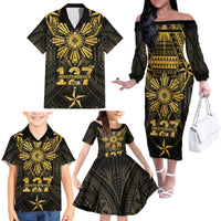 Personalised Philippines Independence Day Family Matching Off The Shoulder Long Sleeve Dress and Hawaiian Shirt Filipinos Sun Star Tribal