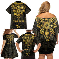 Personalised Philippines Independence Day Family Matching Off Shoulder Short Dress and Hawaiian Shirt Filipinos Sun Star Tribal
